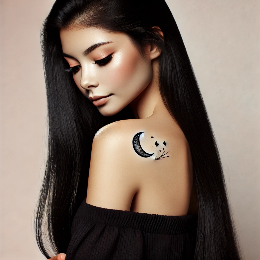 A young woman with long, black hair poses with an elegant, serene expression, revealing a tattoo on her shoulder. The tattoo is a minimalist design of