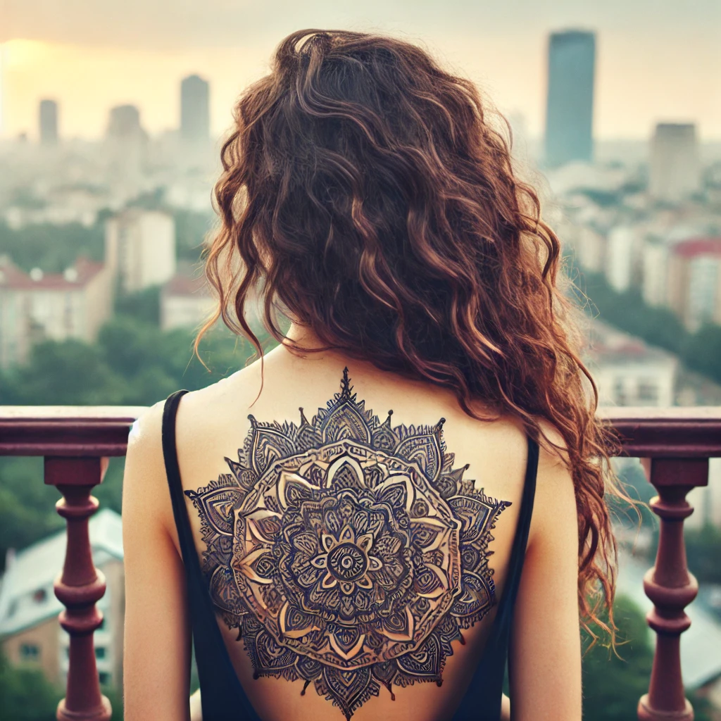 A young woman with long curly hair and a large tattoo on her back, featuring a detailed mandala design. She is standing on a balcony overlooking a cit