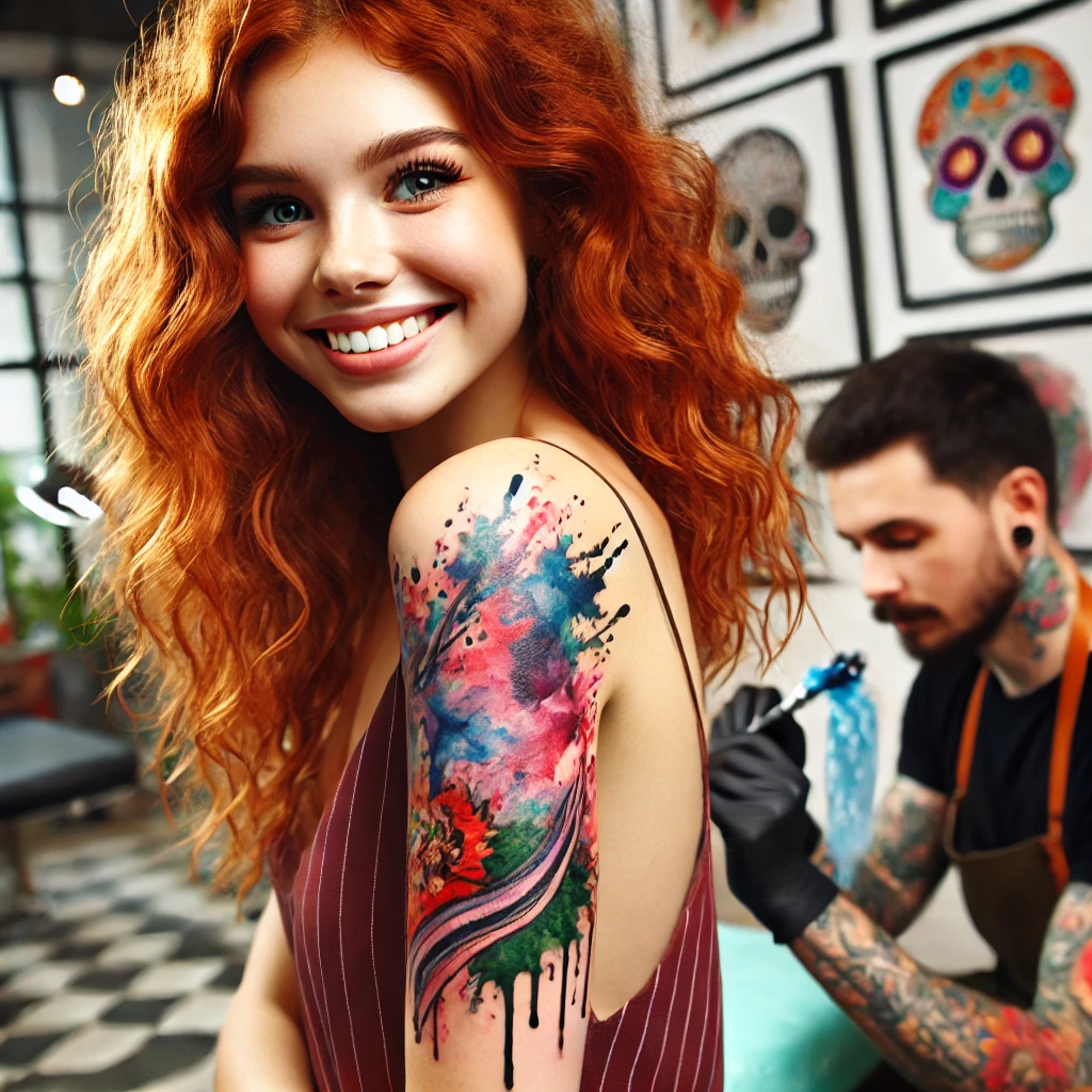 A young woman with long, curly red hair smiles as she shows off a new tattoo on her forearm. The tattoo is a vibrant watercolor design, featuring abst