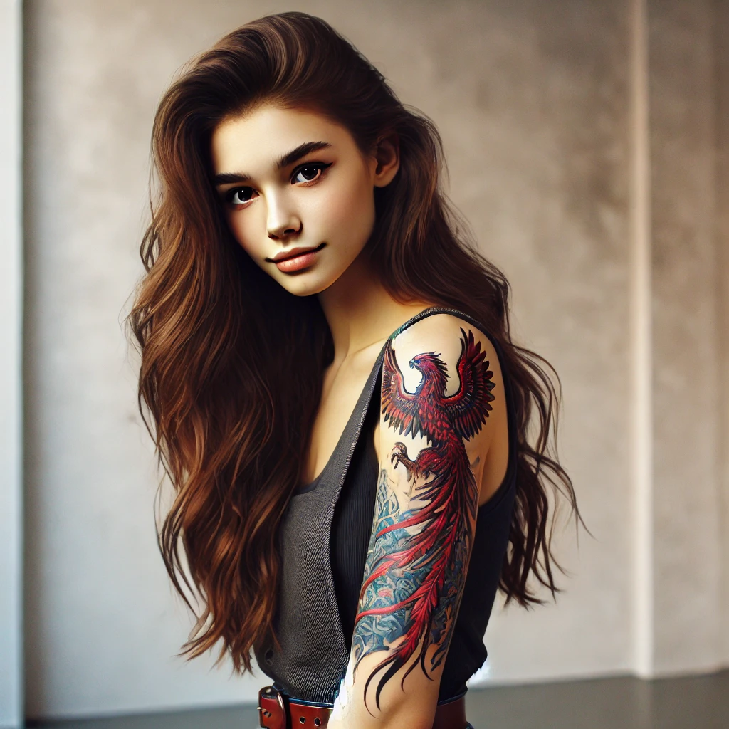 A young woman with long, wavy brown hair stands confidently, showing her forearm tattoo. The tattoo is a detailed design of a phoenix rising from the