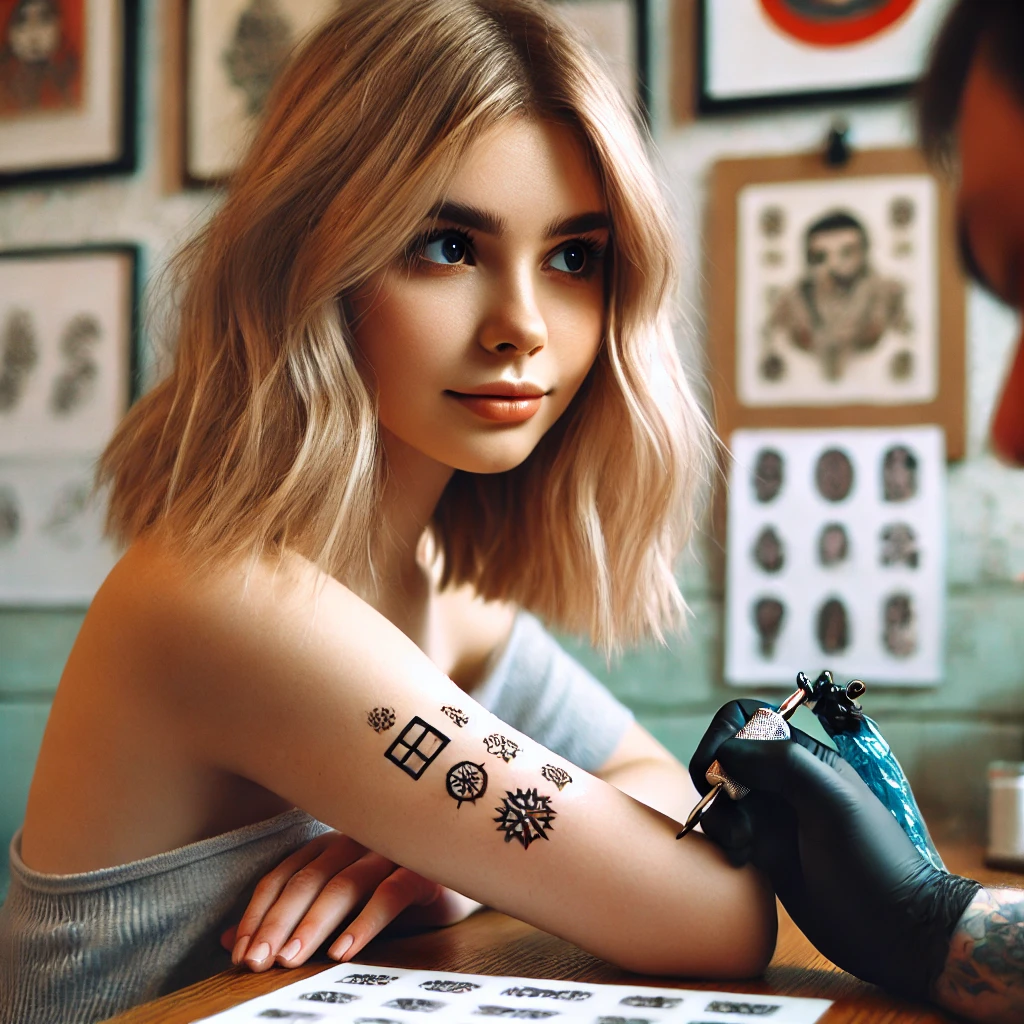 A young woman with medium-length, blonde hair sits in a tattoo studio, attentively listening to the tattoo artist. She is choosing from a selection of
