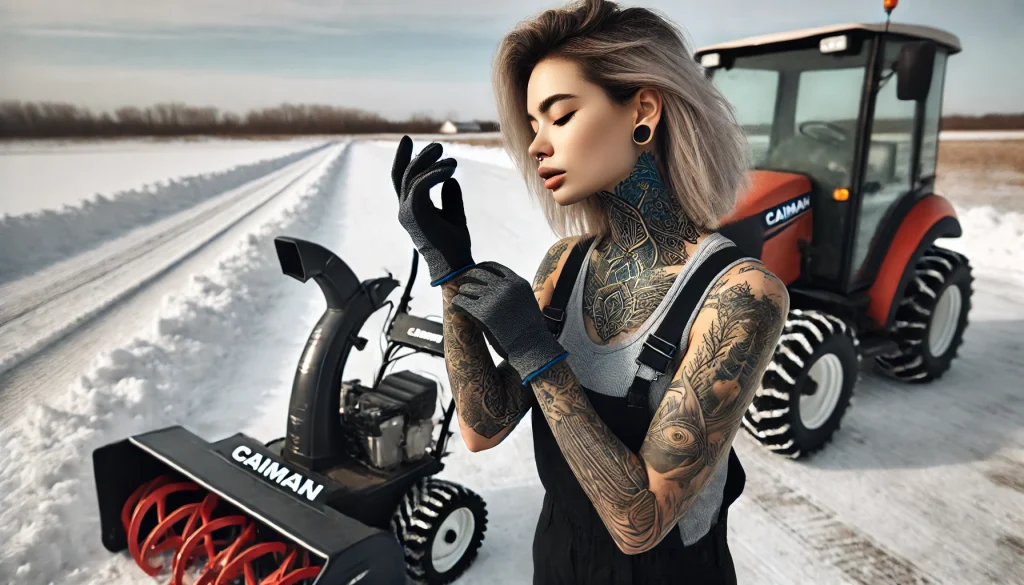 A young woman with realistic tattoos on her neck and wrists finishing up work with a Caiman snow blower, turning it off after successfully clearing a