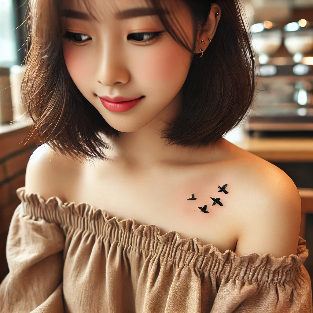 A young woman with shoulder-length hair and a delicate tattoo on her collarbone, featuring a small flock of birds flying. She is wearing an off-should