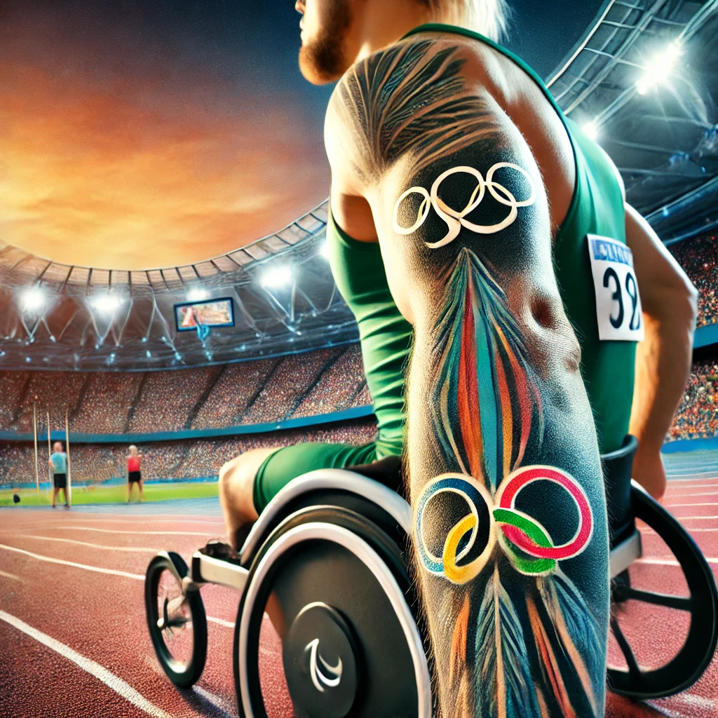 A Paralympic athlete proudly displaying a tattoo of the Olympic rings on their arm during a competition. The athlete is in action, such as running or