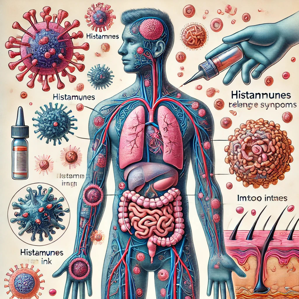 An illustration explaining the concept of an allergic reaction. It shows the human body’s immune system reacting to a foreign substance, such as a tat (2)