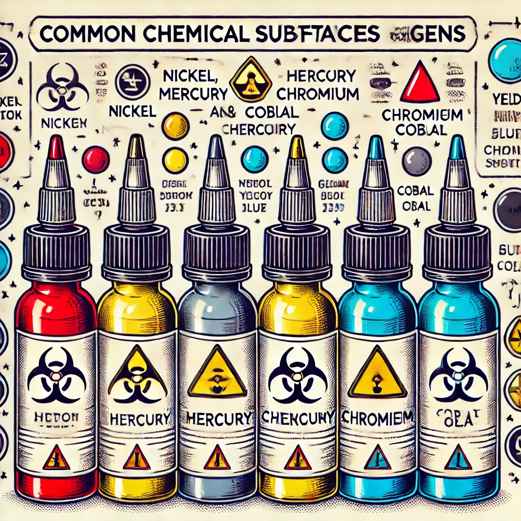 An illustration of tattoo ink bottles, highlighting the different chemical substances in the inks. The image shows labels with common allergens such a (2)