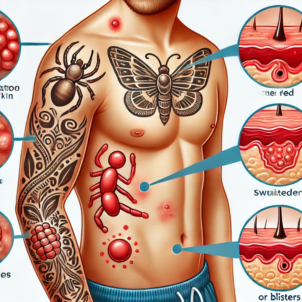 An illustration of the symptoms of an allergic reaction to a tattoo. The image shows a close-up of tattooed skin with common symptoms like red, swolle (2)