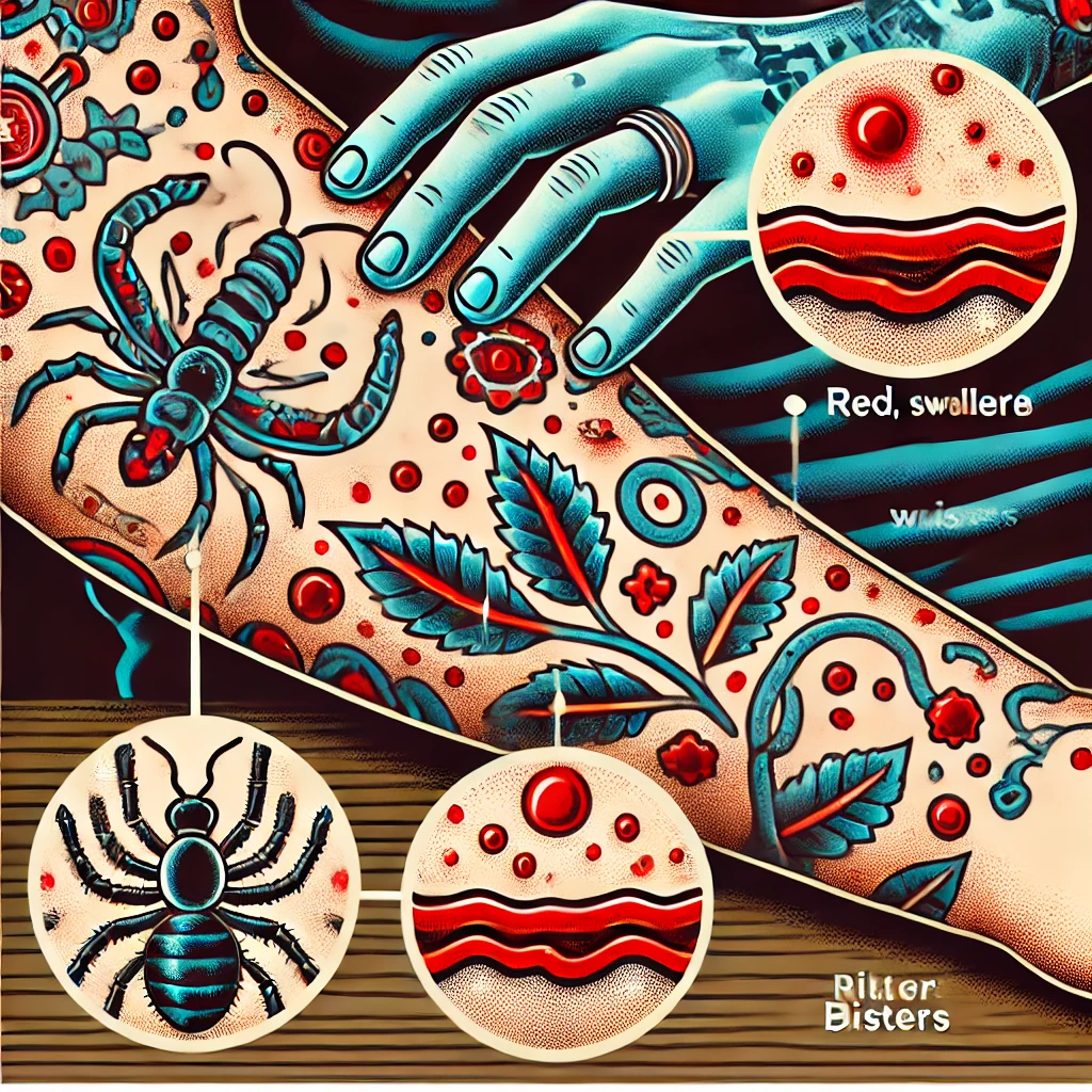 An illustration of the symptoms of an allergic reaction to a tattoo. The image shows a close-up of tattooed skin with common symptoms like red, swolle