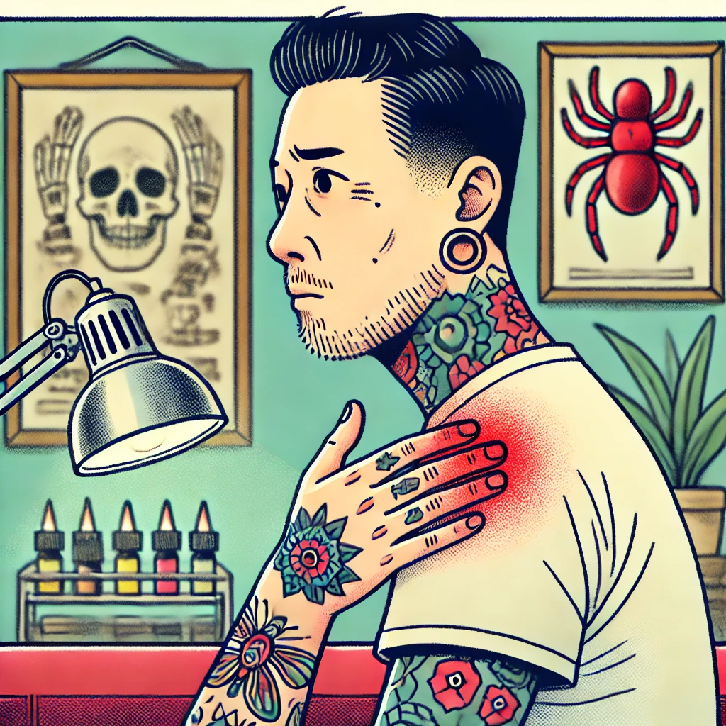 An illustration showing tattoos potentially causing an allergic reaction. The scene shows a person with fresh tattoos, with skin redness and slight sw