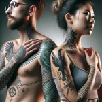 Photorealistic image of men and women showing their tattoos in painful areas of the body such as ribs, neck, armpits, and ankles. The individuals shou