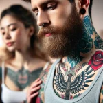 Photorealistic image of men and women with tattoos on painful areas like ribs, neck, underarms, and ankles. The tattoos should be visible, detailed, a