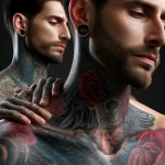 Photorealistic image of men and women with tattoos on painful areas like ribs, neck, underarms, and ankles. The tattoos should be visible, detailed, a (2)