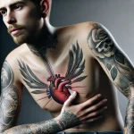 Photorealistic images of men and women with tattoos in painful areas like ribs, neck, underarms, and ankles. The tattoos should be detailed and cover