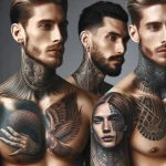 Photorealistic images of men and women with tattoos in painful areas such as ribs, neck, underarms, and ankles. The tattoos should be highly detailed