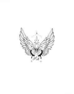 Эскиз тату ангельские крылья, обнимающие бабочку, с инициалами 'S.A.'