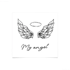 Эскиз тату ангельские крылья с нимбом и надписью "My angel" в стиле минимализм
