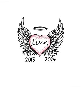 Эскиз тату: сердце, обрамленное ангельскими крыльями, с именем 'Luca' внутри и годами жизни под ним.