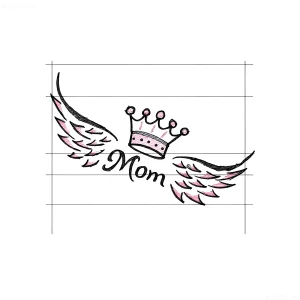 Эскиз тату: крылья, корона и надпись "Mom" с розовыми акцентами