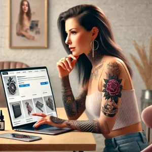 Фотография девушки с полным рукавом татуировок, работающей за ноутбуком. На ее руке изображены геометрические узоры и большая роза.