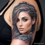 00000-Beautiful woman with detailed arm tattoo, thoughtful expression, neutral background 2606053933 tatufoto.com 001 tatufoto.com 001