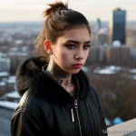00008-Fashionable girl with visible neck tattoo, sad expression, city backdrop 2606053941 tatufoto.com 010 tatufoto.com 010