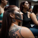 00016-Woman with large shoulder tattoo, surrounded by friends, feeling isolated 1464492525 tatufoto.com 016 tatufoto.com 016