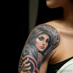 00017-Woman with large shoulder tattoo, surrounded by friends, feeling isolated 1464492526 tatufoto.com 017 tatufoto.com 017