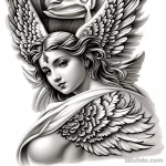 Черно-белая татуировка, изображающая красивую девушку с роскошными крыльями ангела и украшениями на голове. Выполнена в детальном реалистичном стиле.