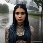 00051-Beautiful girl with visible neck tattoo, standing in the rain, sad expression 1464492562 tatufoto.com 046 tatufoto.com 046