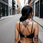 00055-Stylish woman with back tattoo, looking over her shoulder, empty street 1464492566 tatufoto.com 049 tatufoto.com 049