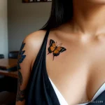 00060-Woman with butterfly tattoo on chest, thoughtful in a coffee shop 1464492571 tatufoto.com 052 tatufoto.com 052