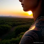 00064-Elegant woman with tribal tattoo on her arm, feeling isolated, sunset view 1464492575 tatufoto.com 055 tatufoto.com 055