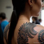 00067-Woman with intricate tattoo on shoulder, looking away, crowded room 1464492578 tatufoto.com 058 tatufoto.com 058