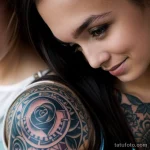 00071-Young girl with arm tattoo, looking down, friends laughing nearby 1464492582 tatufoto.com 061 tatufoto.com 061