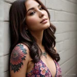 00072-Beautiful woman with floral chest tattoo, leaning against wall, sad 1464492583 tatufoto.com 062 tatufoto.com 062