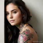 00073-Beautiful woman with floral chest tattoo, leaning against wall, sad 1464492584 tatufoto.com 063 tatufoto.com 063