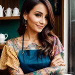 00076-Elegant woman with colorful sleeve tattoo, slightly smiling, cafe setting 1464492587 tatufoto.com 066 tatufoto.com 066