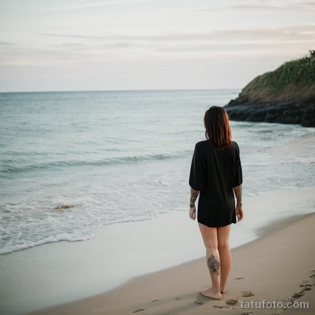 00083-Woman with half-sleeve tattoo, standing on the beach, thoughtful 1464492594 tatufoto.com 070 tatufoto.com 070