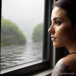 00093-Beautiful woman with arm tattoo, staring out window, rainy day 1464492604 tatufoto.com 079 tatufoto.com 079
