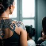 00097-Stylish woman with back tattoo, surrounded by friends, feeling isolated 1464492608 tatufoto.com 081 tatufoto.com 081