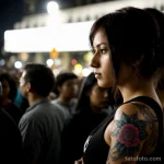 00110-Woman with arm tattoo, in a crowd, feeling isolated, dark background 1464492621 tatufoto.com 085 tatufoto.com 085