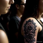 00111-Woman with arm tattoo, in a crowd, feeling isolated, dark background 1464492622 tatufoto.com 086 tatufoto.com 086