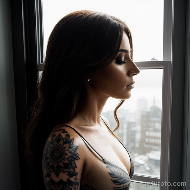 00114-Stunning woman with chest tattoo, standing by the window, reflective mood 1464492625 tatufoto.com 088 tatufoto.com 088
