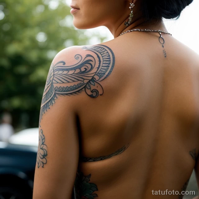00117-Woman with back tattoo, lost in thought, friends in background 1464492628 tatufoto.com 090 tatufoto.com 090