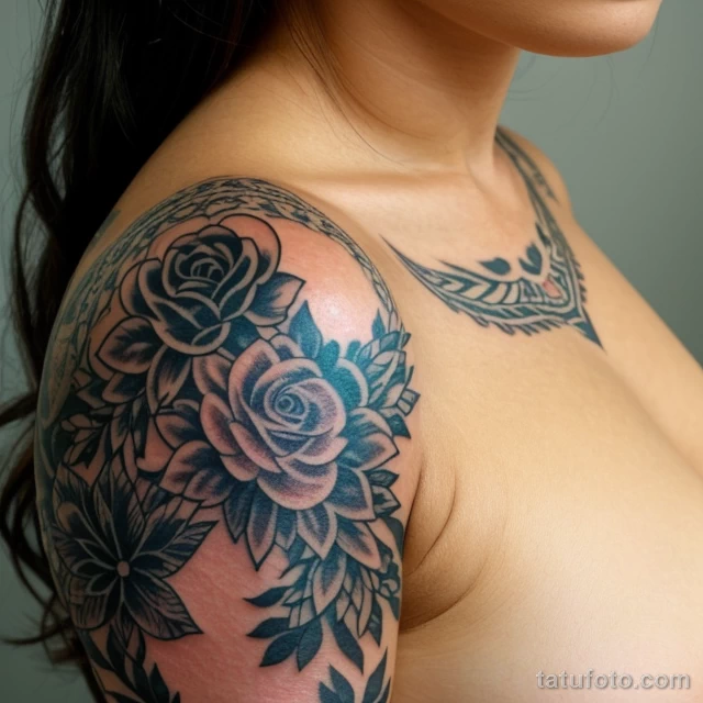 00120-Beautiful woman with shoulder tattoo, pensive look, neutral background 1464492631 tatufoto.com 092 tatufoto.com 092