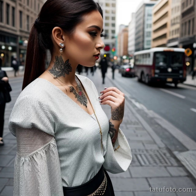00122-Elegant woman with sleeve tattoo, standing alone, busy street 1464492633 tatufoto.com 094 tatufoto.com 094