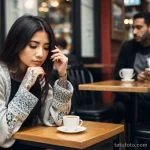 00130-Woman with sleeve tattoo, thoughtful in a crowded cafe 1464492641 tatufoto.com 099 tatufoto.com 099