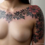 00132-Beautiful girl with floral chest tattoo, staring into the distance 1464492643 tatufoto.com 100 tatufoto.com 100