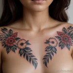 00133-Beautiful girl with floral chest tattoo, staring into the distance 1464492644 tatufoto.com 101 tatufoto.com 101