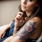 00141-Beautiful woman with floral tattoo, thoughtful, sitting at a party 1464492655 tatufoto.com 107 tatufoto.com 107